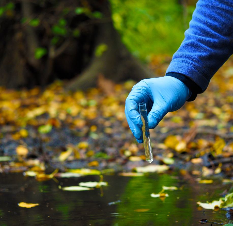 Photo of a water sample being collected from a rive. The person collecting the sample is wearing a blue rubber glove and carrying the clear vial.
